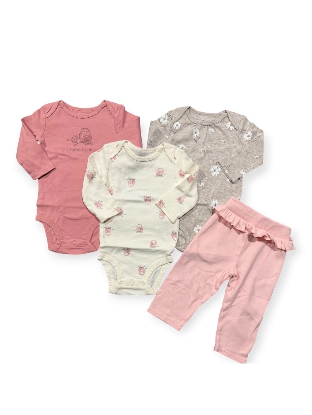 Lullaby Girls 4-Piece Set Long Sleeve Bodysuits & Pink Pants, Size 6-9 Months